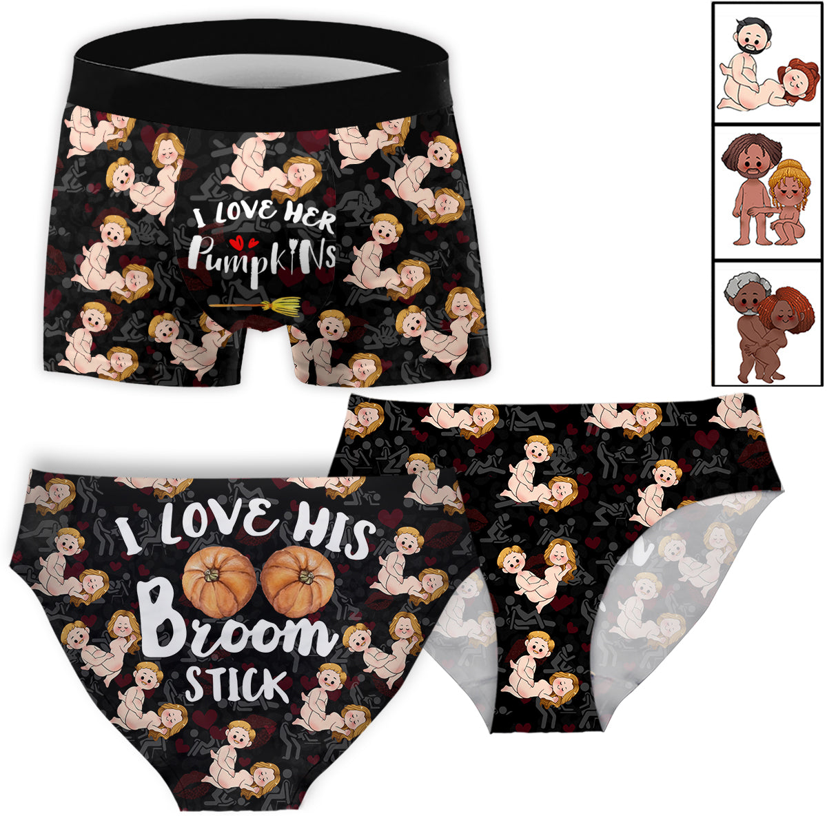 I Love His Broomstick I Love Her Pumpkins - Personalized Couple Women Briefs & Men Boxer Briefs