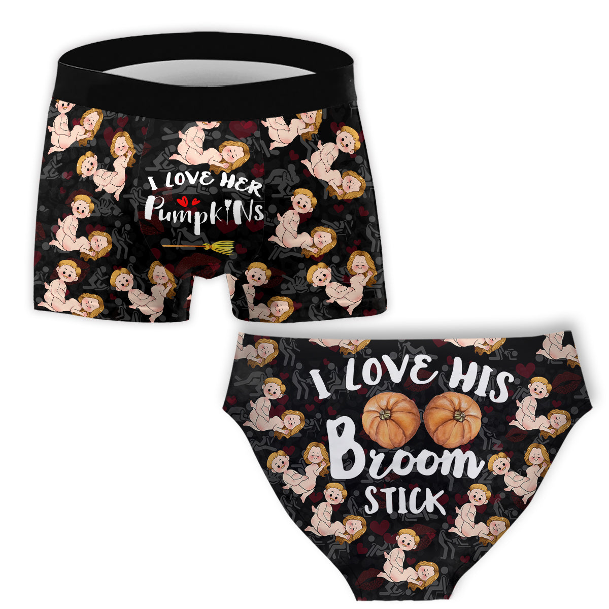 I Love His Broomstick I Love Her Pumpkins - Personalized Couple Women Briefs & Men Boxer Briefs