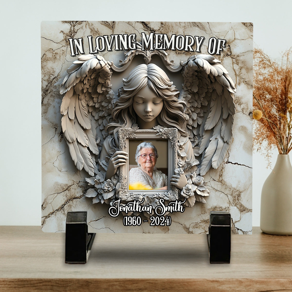 Angel Wings - Personalized Memorial Square Shaped Stone