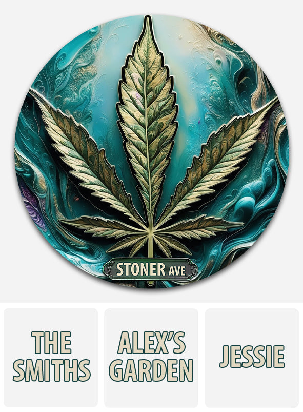 Stoner Avenue - Panneau métallique rond personnalisé sur le thème du cannabis