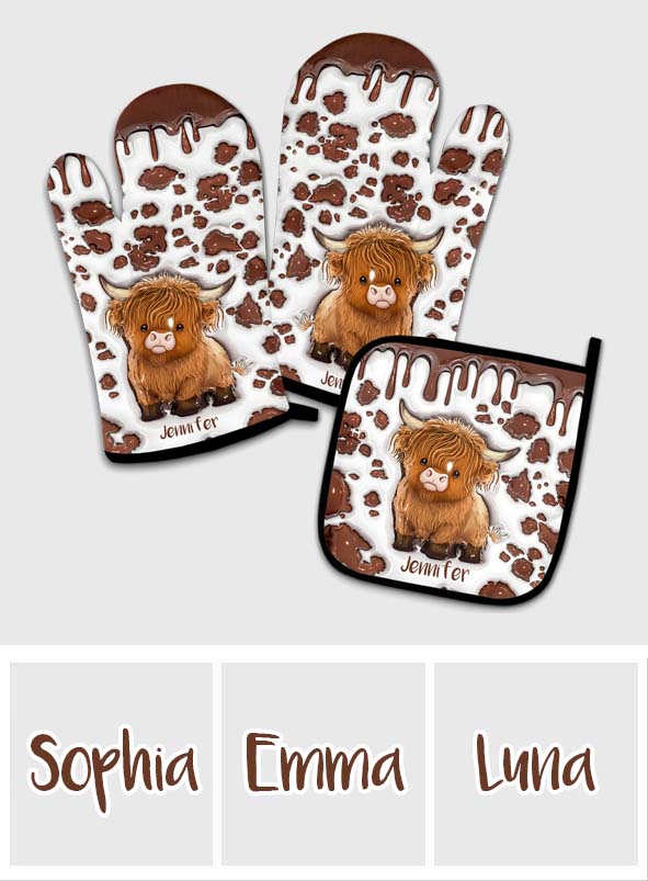 Une fille qui aime les vaches des Highlands - Ensemble de gants de cuisine et maniques personnalisés