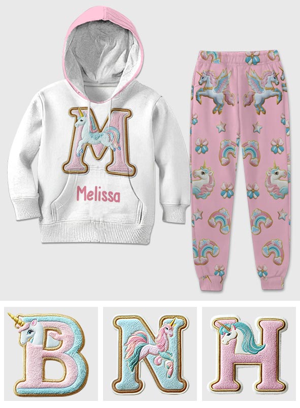 Magnifique alphabet licorne - Sweat à capuche et pantalon de jogging personnalisés pour enfant