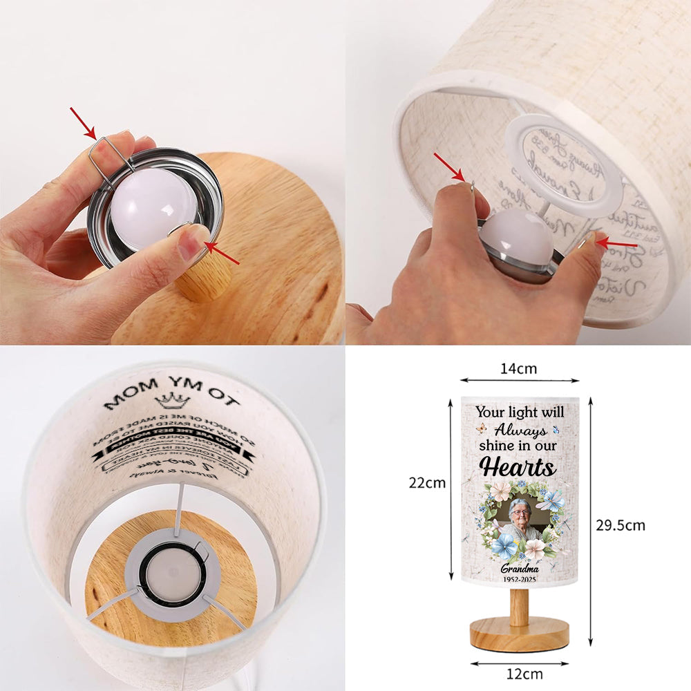 Your Light Will Always Shine In Our Hearts - Personalized Memorial Tableside Lamp With Wood Base