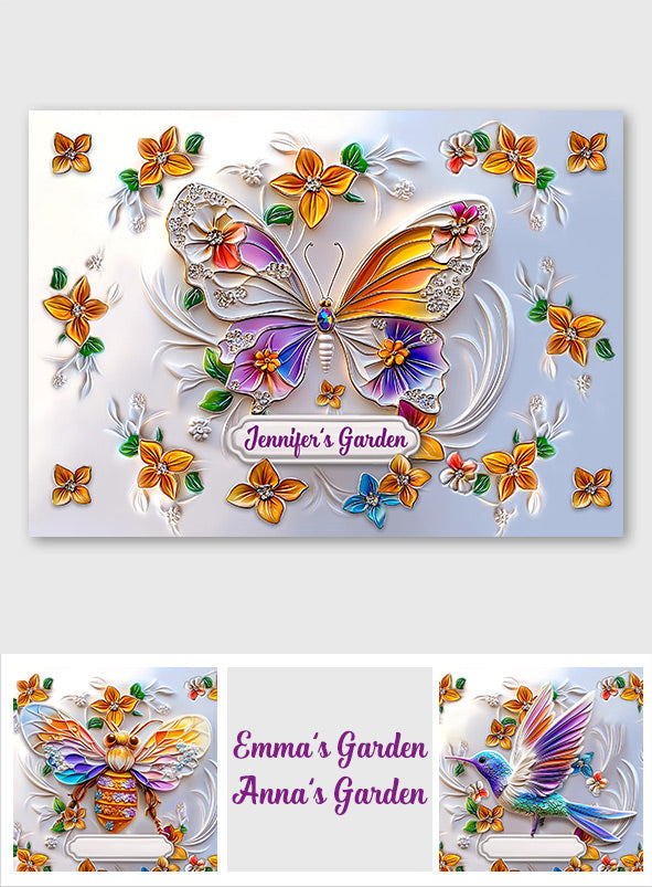 Atemberaubendes Schmetterlings-, Libellen-, Bienen- und Kolibri-Motiv – personalisiertes rechteckiges Metallschild für den Garten.