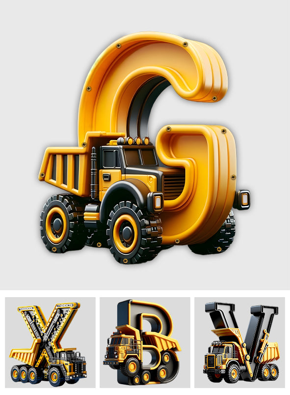 Baustellenfahrzeug-Alphabet – Personalisierte Spardose aus Holz für Kinder
