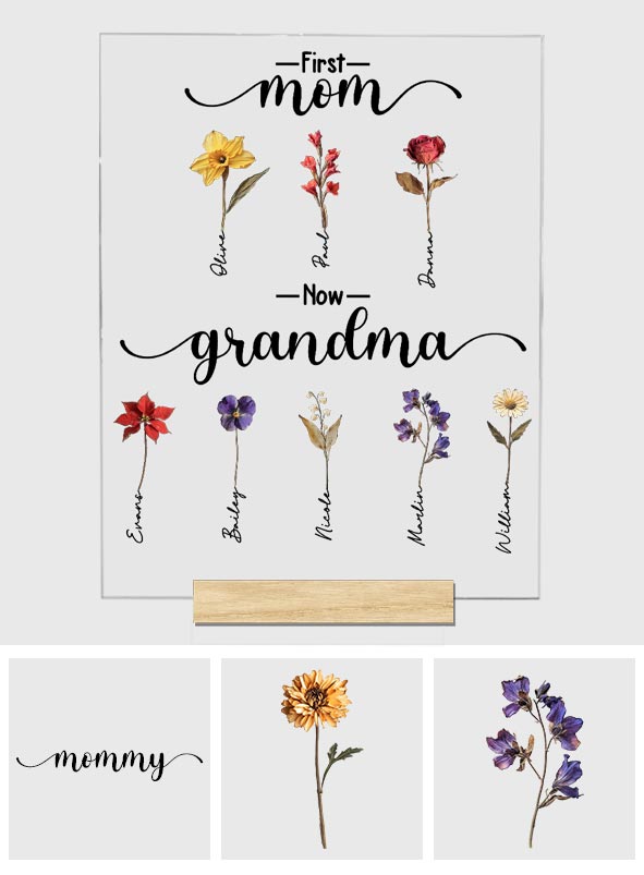 Erst Mutter, jetzt Oma, Geburtsblume personalisieren - Personalisierte transparente Acrylplakette für Oma
