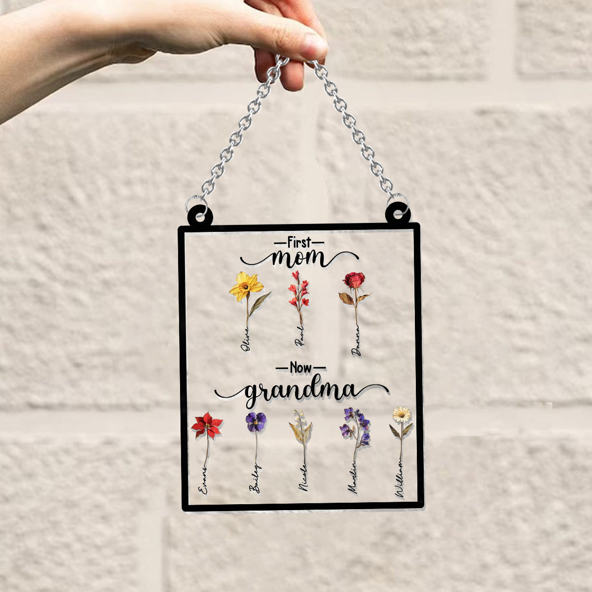First Mother Now Grandma, Birth Flower Personalize - Personalized Grandma Window Hanging Suncatcher Ornament