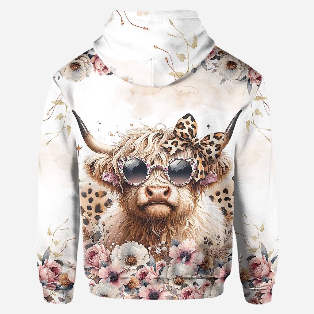 Cool Cow With Leopard Glasses - Personalized Highland Cow Hoodie and Leggings
