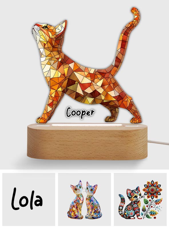 Boho Chic Cute Cats - Personalized Cat Shaped Plaque Light Base