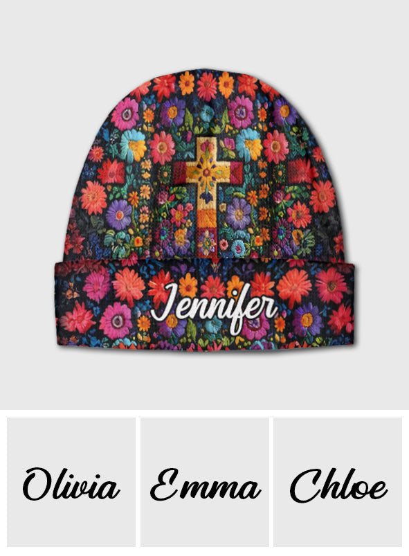 Personalisierte christliche Mütze mit Blumenkreuz