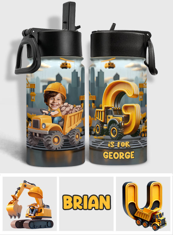 Baustellenfahrzeug-Alphabet – Personalisierte Wasserflasche für Kinder