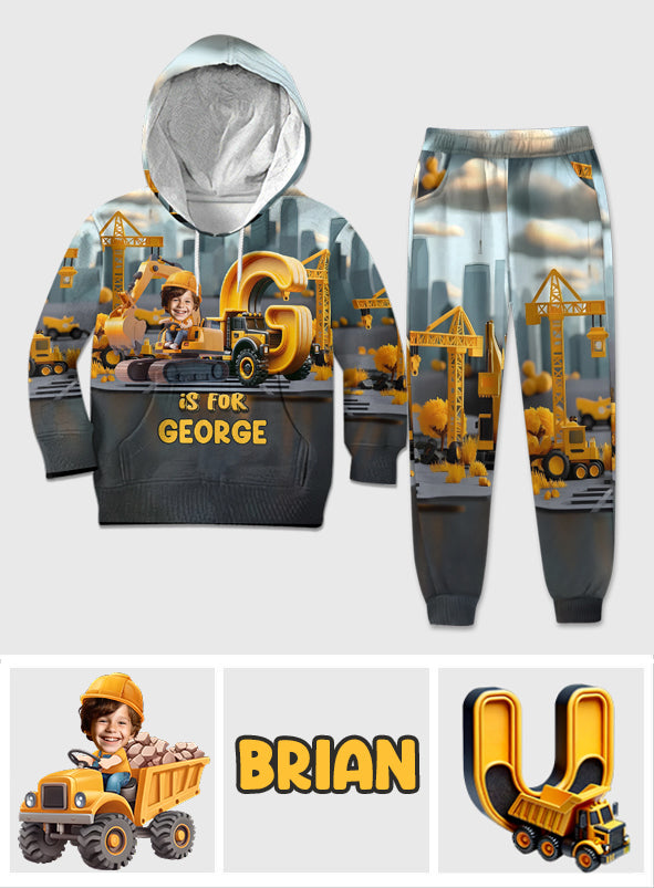 Baustellenfahrzeug-Alphabet – Personalisierter Kinder-Hoodie und Kinder-Jogginghose