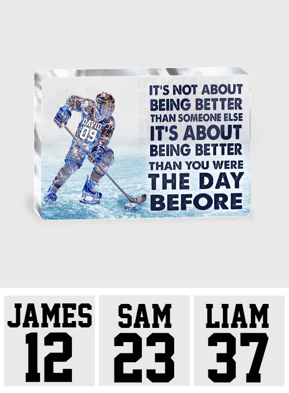 Es geht darum, besser zu sein – personalisierte Acrylplakette in Hockeyform