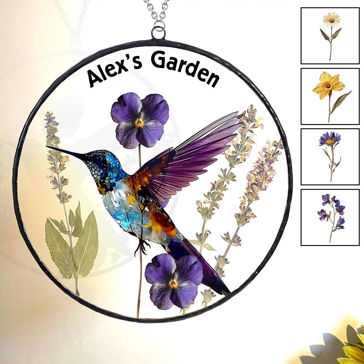 Dry Birth Flowers, Stunning Glass Humming Birth - Personalized Gardening Window Hanging Suncatcher Ornament