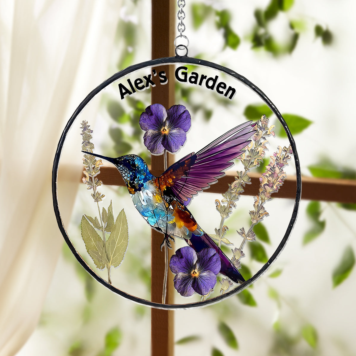 Dry Birth Flowers, Stunning Glass Humming Birth - Personalized Gardening Window Hanging Suncatcher Ornament