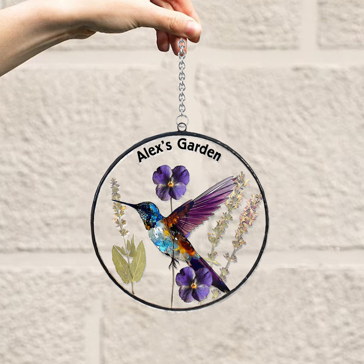 Dry Birth Flowers, Stunning Glass Humming Birth - Personalized Gardening Window Hanging Suncatcher Ornament