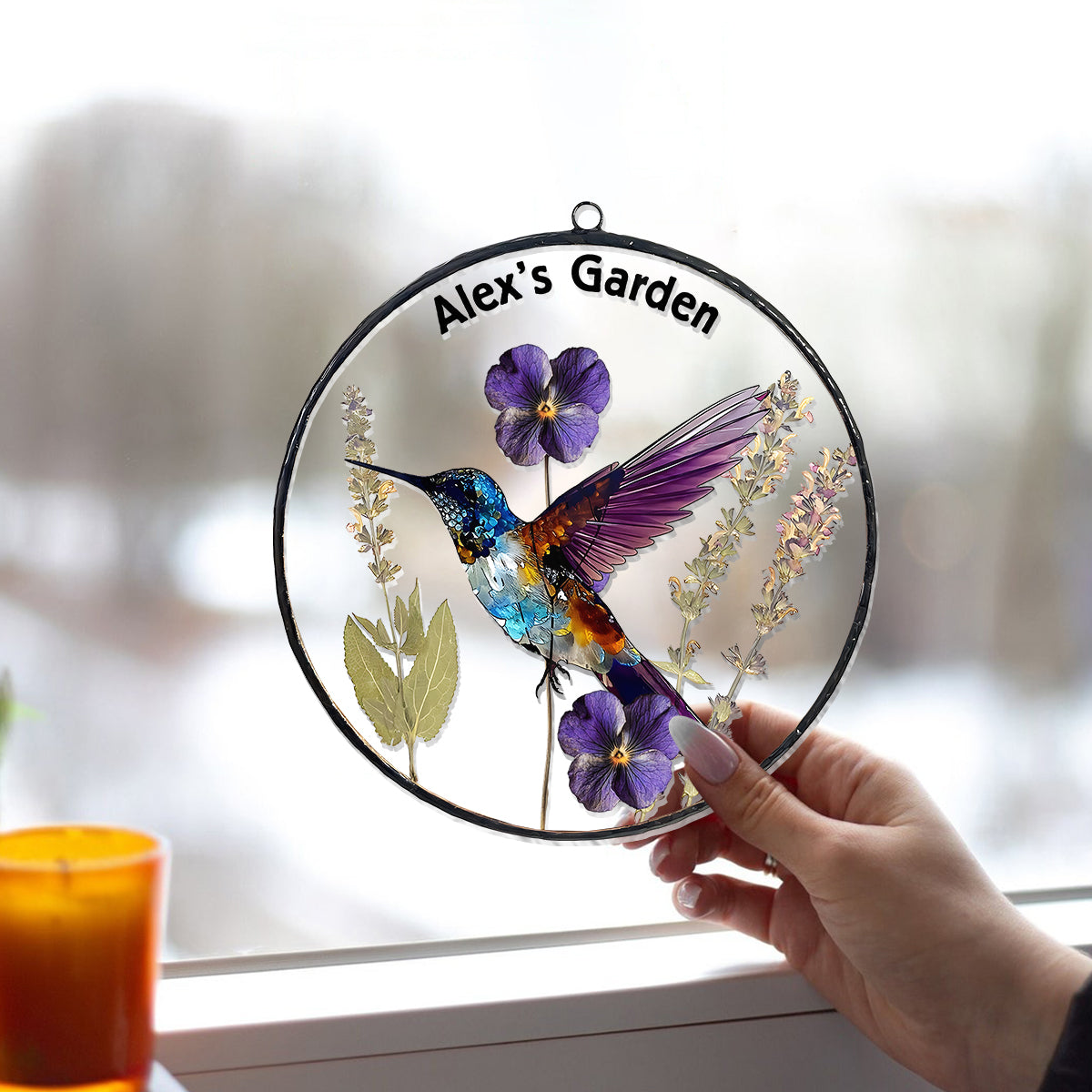 Dry Birth Flowers, Stunning Glass Humming Birth - Personalized Gardening Window Hanging Suncatcher Ornament