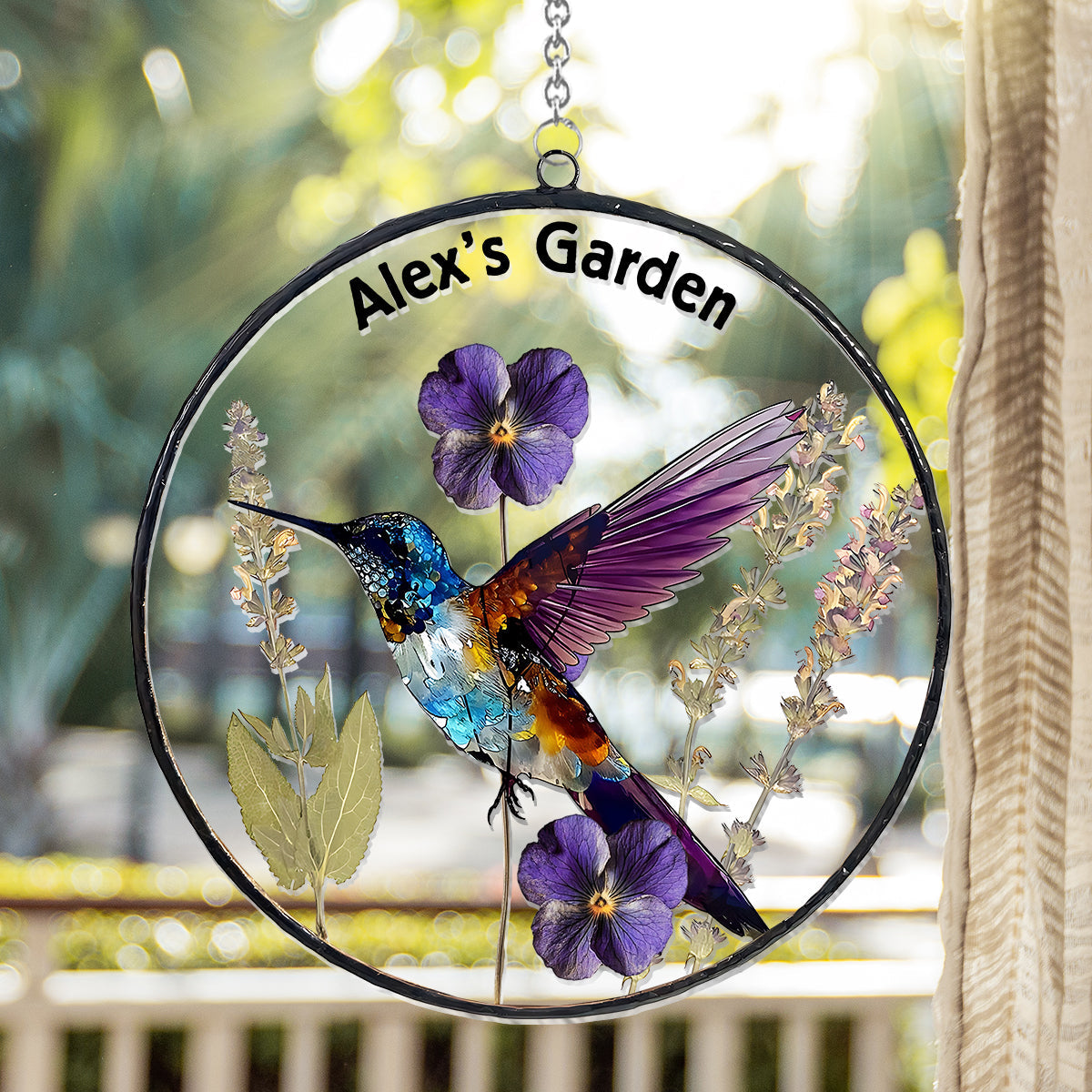 Dry Birth Flowers, Stunning Glass Humming Birth - Personalized Gardening Window Hanging Suncatcher Ornament