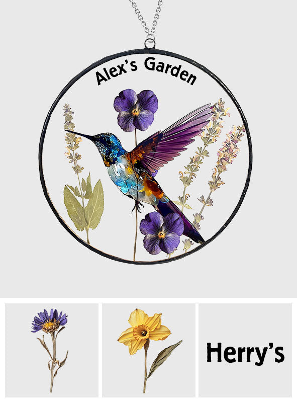 Dry Birth Flowers, Stunning Glass Humming Birth - Personalized Gardening Window Hanging Suncatcher Ornament