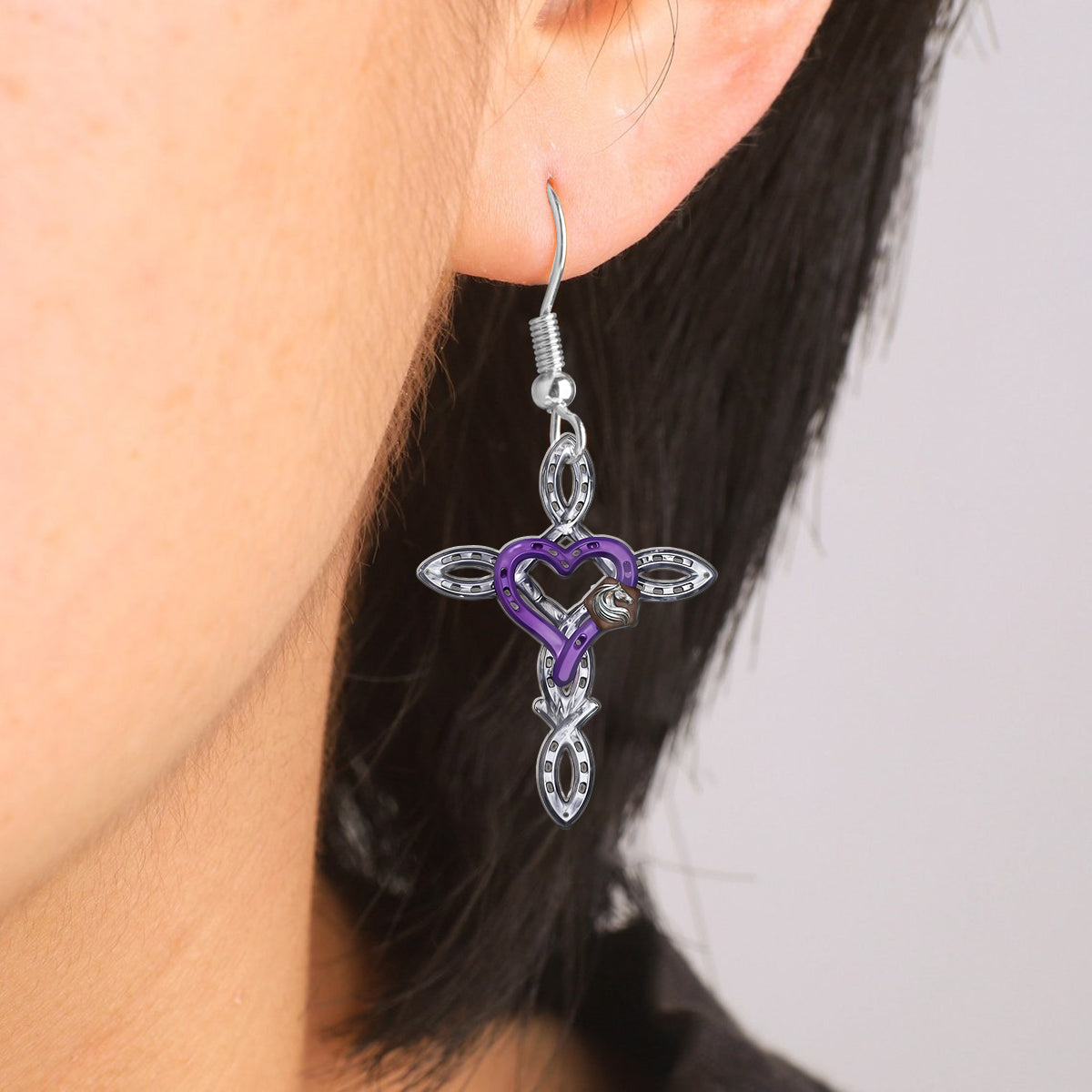 Rustic Horseshoe Cross - Personalized Horse Earrings