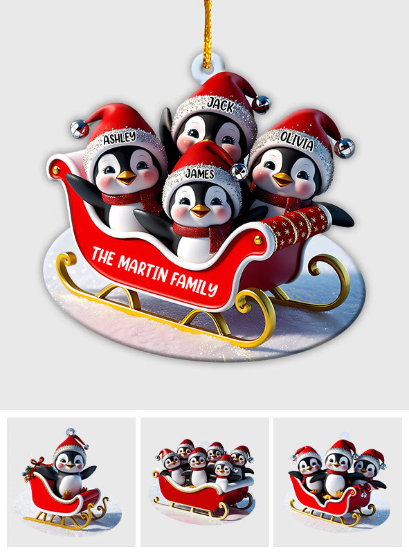Famille de pingouins en traîneau - Ornement transparent personnalisé pour la famille