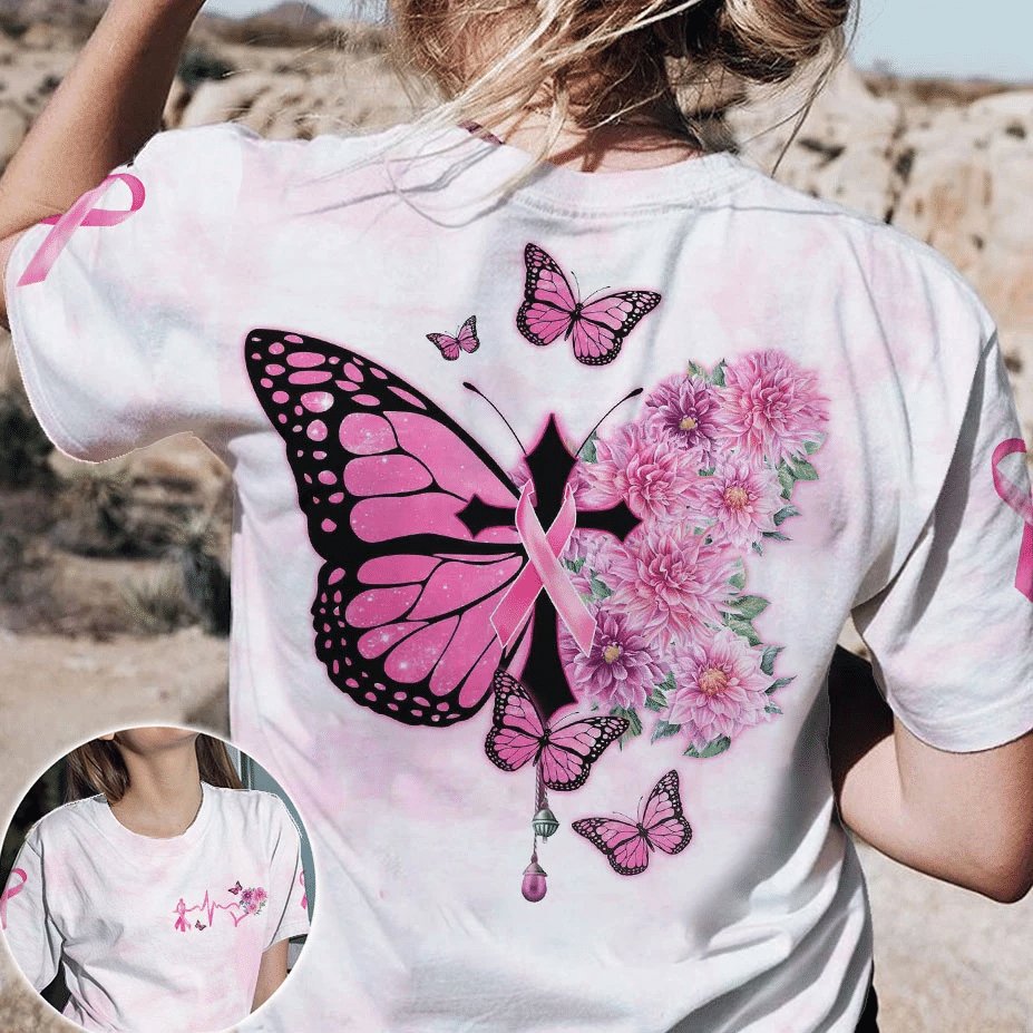Schmetterlingskreuz, rosa Schleife – T-Shirt und Hoodie zur Sensibilisierung für Brustkrebs (0822)