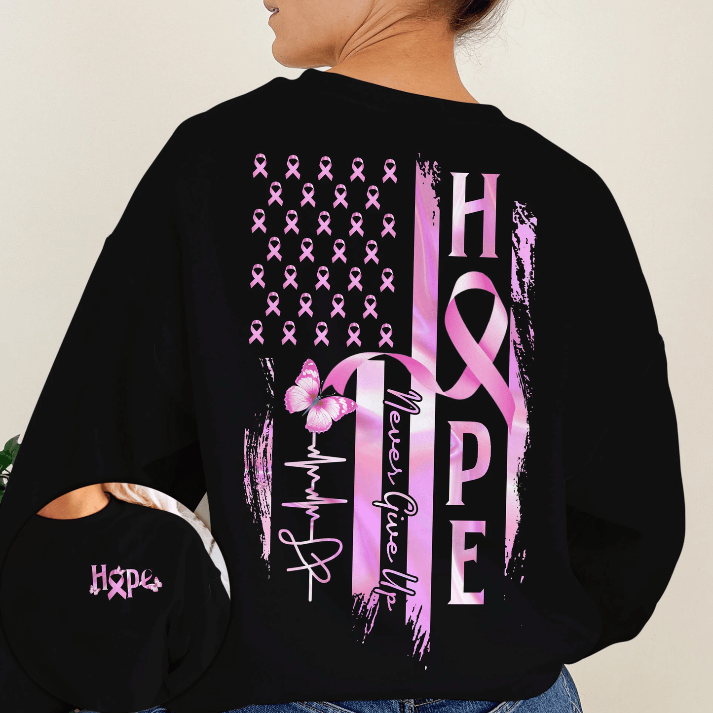 T-shirt et sweat à capuche « Hope Flag Never Give Up » (Sensibilisation au cancer du sein) - 0822