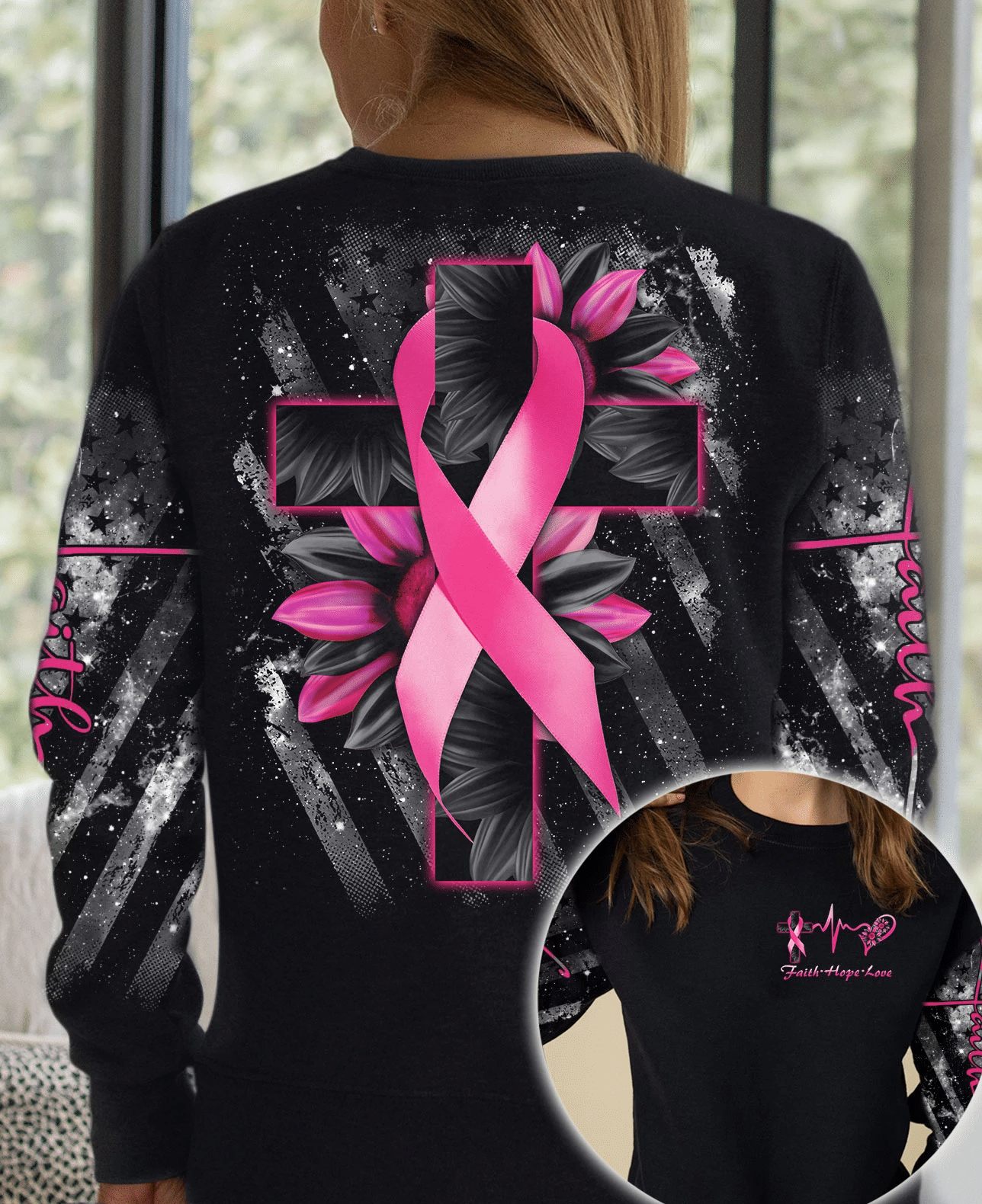 T-shirt et sweat à capuche Faith Cross Sunflower Breast Cancer - Sensibilisation au cancer du sein (0822)