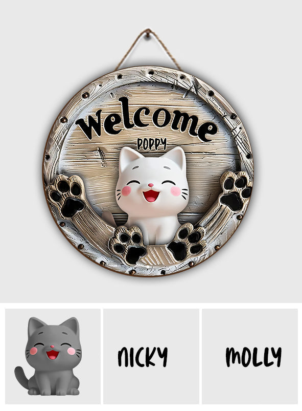 Bienvenue aux chats mignons - Panneau rond en bois personnalisé avec un chat