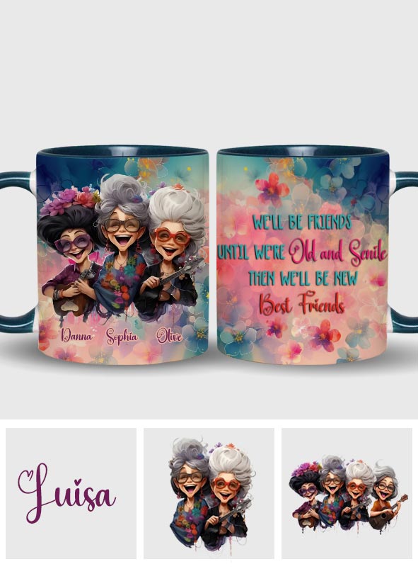 Wir bleiben Freunde bis ins hohe Alter – personalisierte Tasse mit dem Aufdruck „Beste Freundin“.