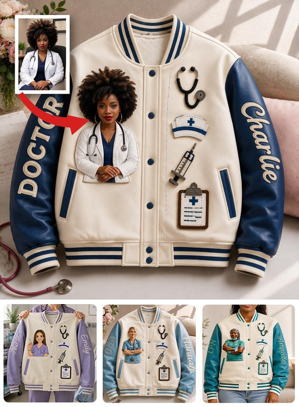 Personalized Doctor Varsity Jacket - Unique Custom Gift For Black Woman, Medical Professionals Casual Everyday Streetwear Outerwear