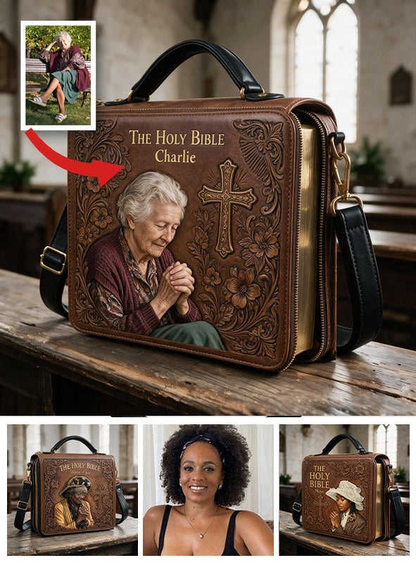 Custom Photo Praying Elderly Woman Leather Bible Cover Bag Christian Gift