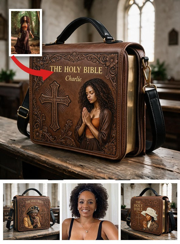Personalisierte Foto Betende Junge Schwarze Frau Leder Bibel Cover Tasche Geschenk