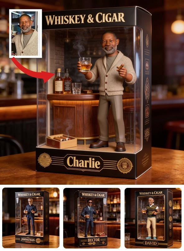 Personalized Elderly Black Man Whiskey & Cigar Shaped Acrylic Plaque Gift for Him