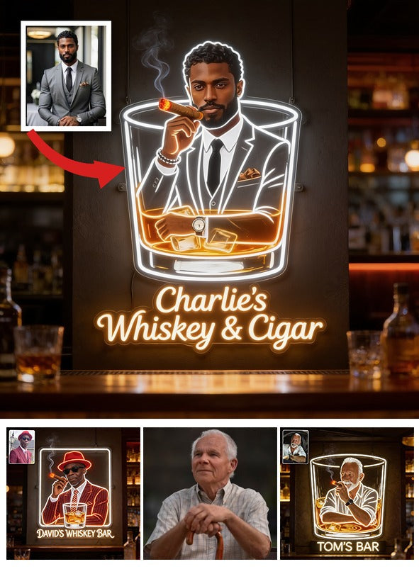 Panneau LED Acrylique Personnalisé pour Homme Élégant en Costume avec Whisky & Cigare