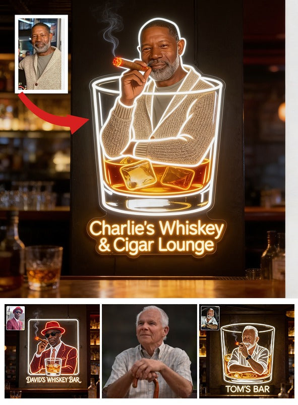 Personalisierte Whiskey & Zigarren Lounge LED Acrylschild für die Hausbar Geschenk für ältere schwarze Männer