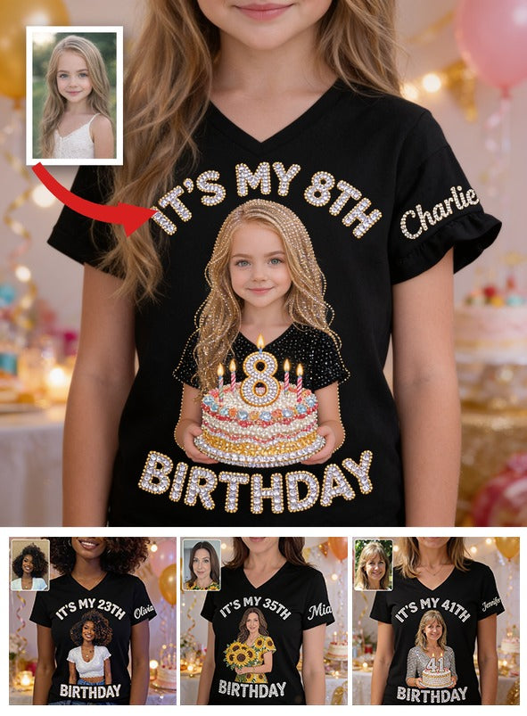 Personalized Birthday Little Girl V-Neck T-Shirt Birthday Gift for Daughter Granddaughter Niece