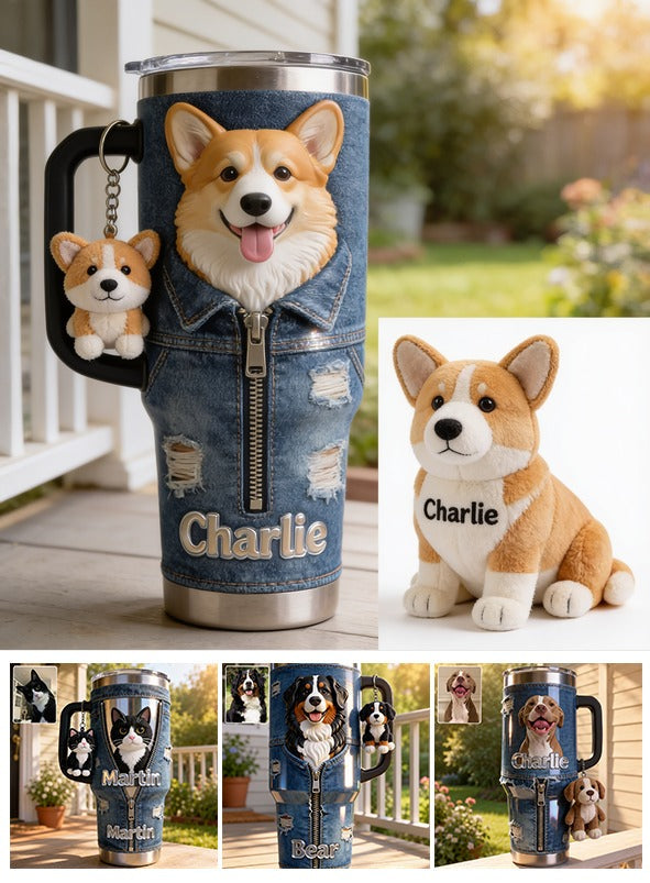 Personalized Tan White Pembroke Welsh Corgi Tumbler With Plush Charm Pet Gift