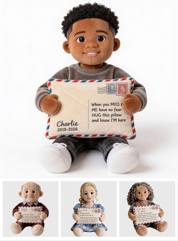 Personalized Black Little Boy Letter From Heaven Faux Fur Shaped Memorial Pillow