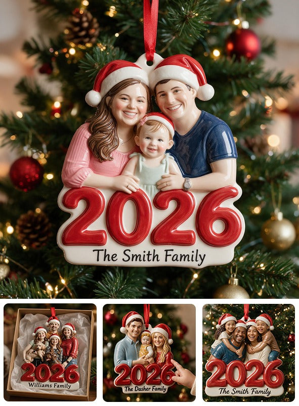 Custom Photo 2026 Family Of Three Premium 3D Christmas Ornament