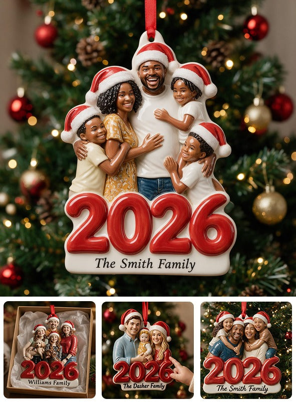 Custom Photo Christmas 2026 Black Family of Five 3D Ornament