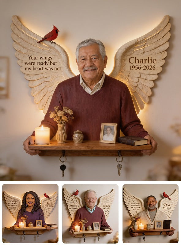 Personalized Older Latino Man Grandfather Memorial Wooden Floating Shelf 1956-2026