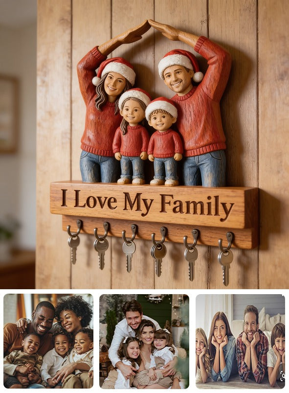 Personalized Christmas Family of Four Wooden Hanging Key Rack Gift