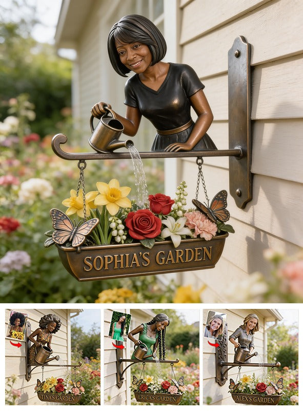 Custom Photo Middle-Aged Black Woman Gardening Wooden Wall Mount Garden Sign Gift