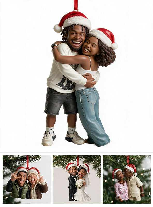 Custom Photo Christmas Black Couple Caricature Ornament Gift
