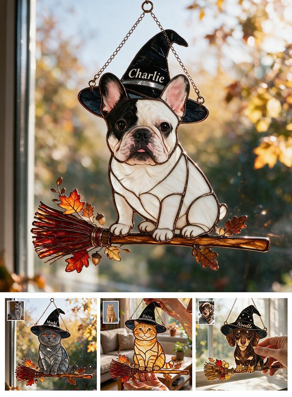 Personalized Halloween Black and White French Bulldog 3D Glass Suncatcher