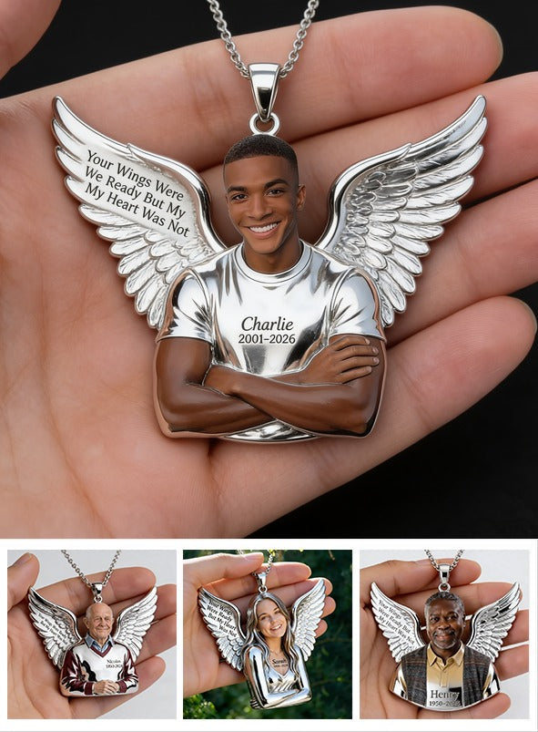 Personalized Memorial Black Man Angel Wing Pendant Necklace Remembrance Keepsake