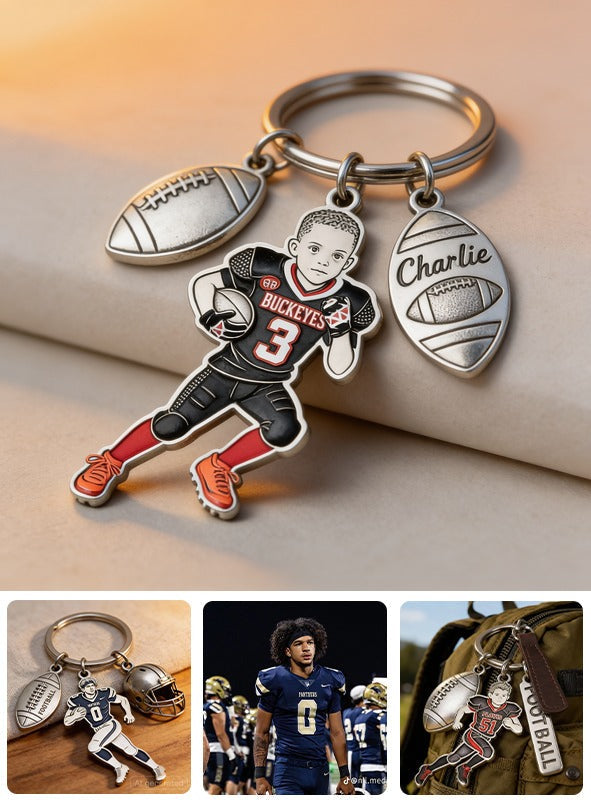 Personalized Black Youth American Football Player Keychain With Charms