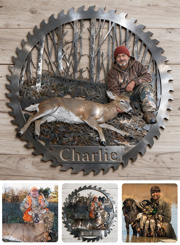 Personalized Middle-Aged Latino Hunter with Deer 3D Cut Metal Sign Wall Decor