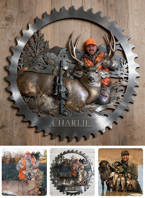 Personalized Middle-Aged Hunter with Deer 3D Cut Metal Sign Hunting Wall Decor